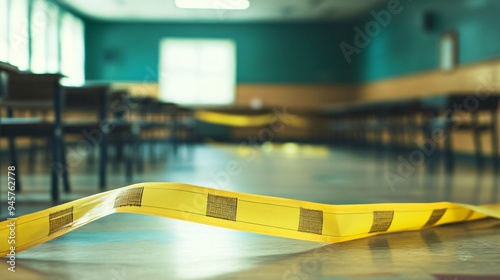 Empty School Classroom Secured with Yellow Crime Scene Tape