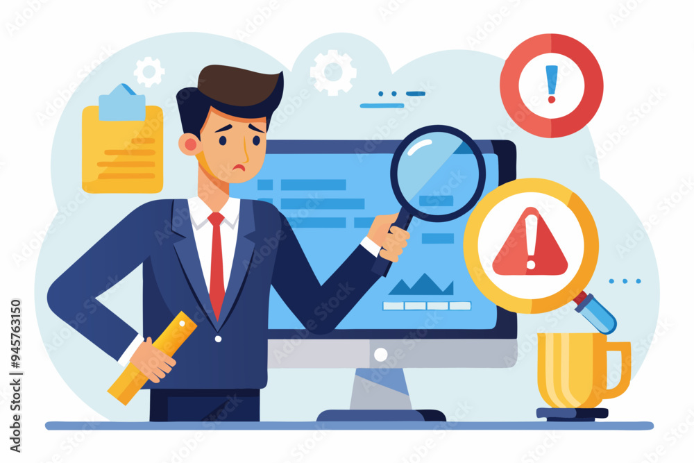 Incident management, root cause analysis or solving problem, identify risk or critical failure concept, businessman with magnifier monitor and investigate incident with exclamation attention sign. See