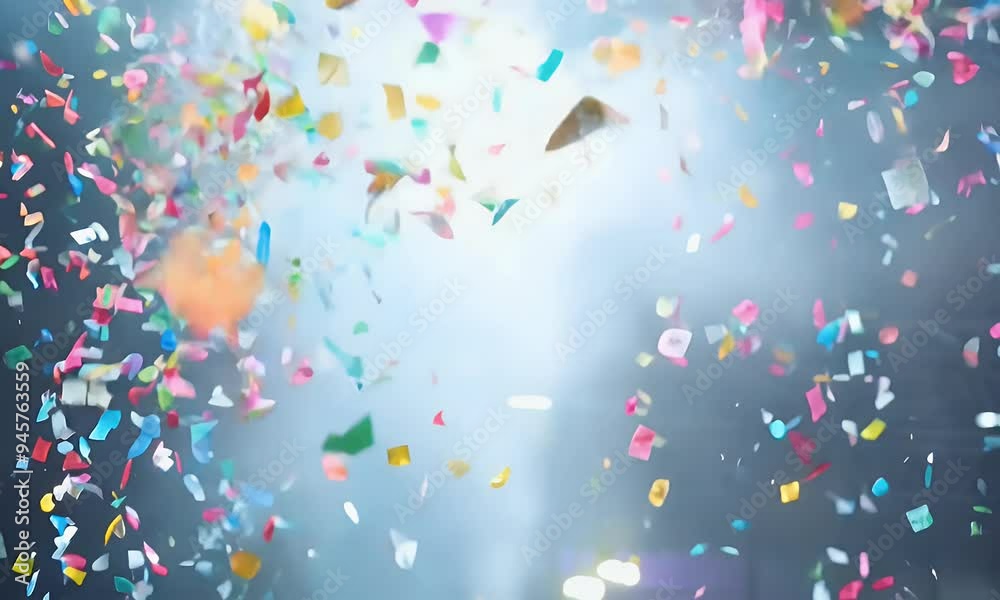 A dramatic shot of confetti being launched from a cannon, with the colorful pieces suspended in mid-air, slowly falling. A dramatic shot of confetti being launched from a cannon, with the colorful pieces suspended in mid-air, slowly falling.