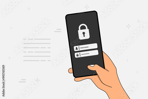 Hand holding a smartphone to login username and password on screen. Data privacy online protection on mobile phone application. Vector illustration.