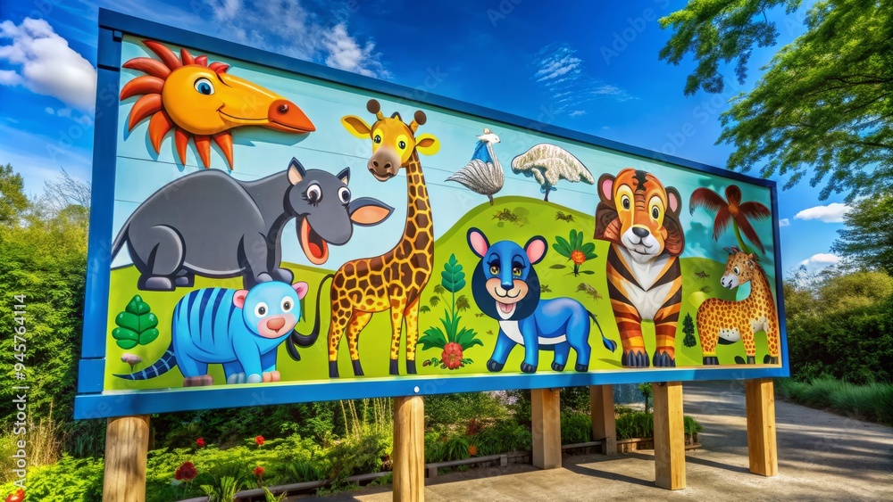Obraz premium Colorful entrance sign featuring whimsical illustrations of various animals against a bright blue background, welcoming visitors to a lively and exciting zoological garden.