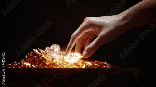 A hand reaching into a treasure chest, about to grasp a shimmering jewel photo