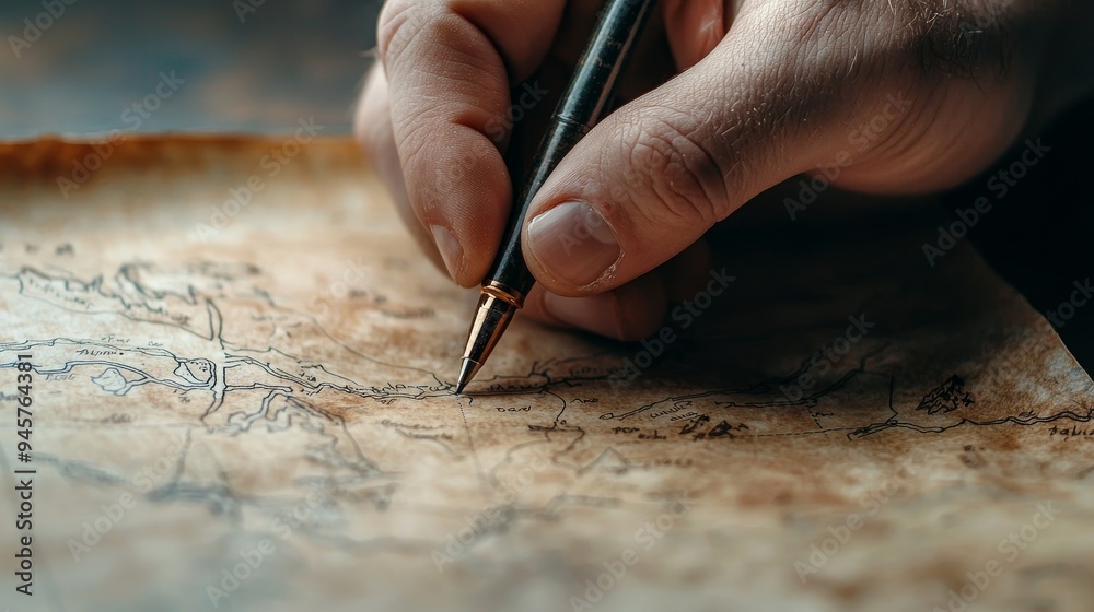 A hand tracing a map, planning a route for a new adventure A hand tracing a map, planning a route for a new adventure