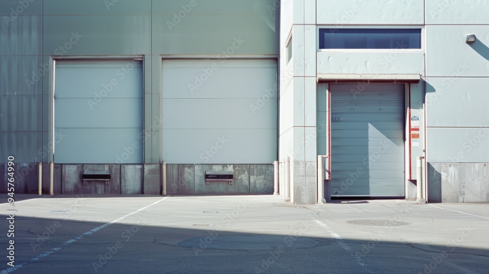 Fototapeta premium Industrial warehouse exterior with large roller doors and a minimalist design, emphasizing modern architecture and functional space in a sunlit area.