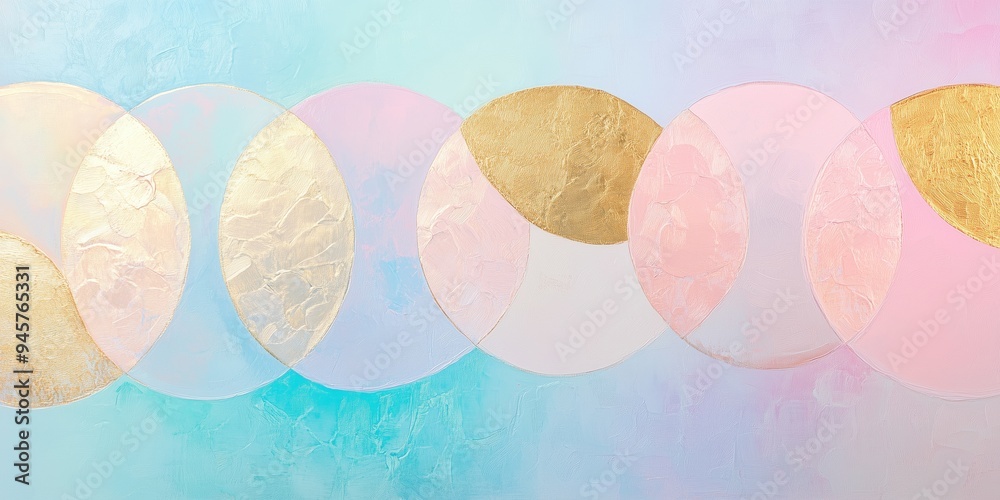 Geometric background of pastel colors of circles, soft pink and blue, patterned to form a grid of golden section. The background is a gradient, gold leaf inserts, imitation of oil colors Geometric background of pastel colors of circles, soft pink and blue, patterned to form a grid of golden section. The background is a gradient, gold leaf inserts, imitation of oil colors