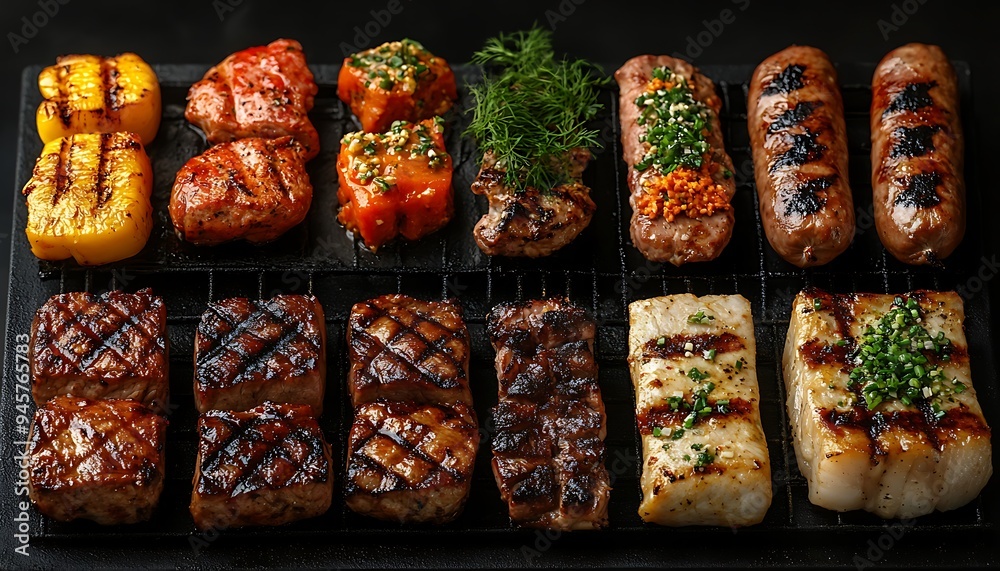 An assortment of grilled meats and vegetables, including steak, chicken, sausage, peppers, and fish, laid out on a black grilling pan. An assortment of grilled meats and vegetables, including steak, chicken, sausage, peppers, and fish, laid out on a black grilling pan.