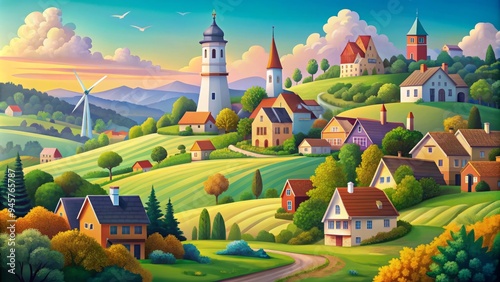 Colorful illustration of quaint towns set amidst rolling hills, featuring iconic landmarks like clock towers, windmills, and lighthouses, evoking a sense of serenity. photo