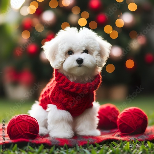 white maltipoo, playing in the garden wearing red crochet wool blur background, christmas theme photo