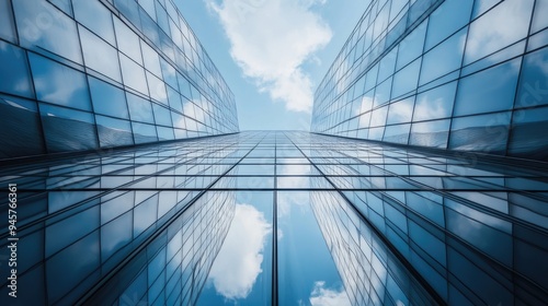 A glass building with intricate geometric patterns, reflecting the sky,
