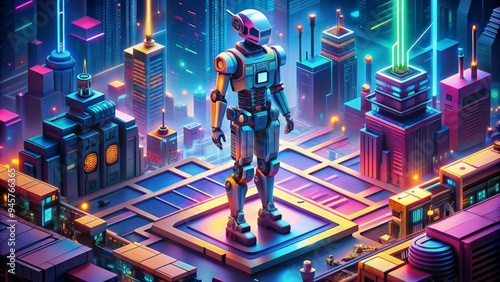 Colorful isometric illustration of a futuristic robot standing on a neon-lit cityscape, surrounded by gears, wires, and other mechanistic elements in a digital landscape. photo