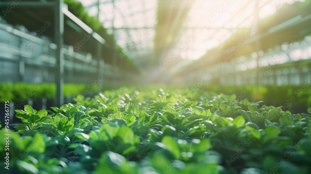 A greenhouse filled with lush, green plants basking in sunlight, representing growth, sustainability, and the nurturing of nature through modern agriculture. A greenhouse filled with lush, green plants basking in sunlight, representing growth, sustainability, and the nurturing of nature through modern agriculture.