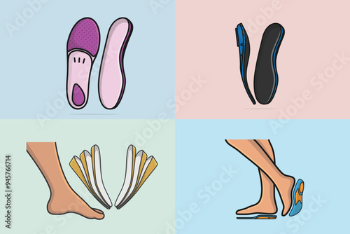 Set of Comfortable Orthotics Shoe Insole Pair, Arch Supports vector illustration. Fashion object icon concept. Collection of insoles for a comfortable and healthy walk vector design with shadow.