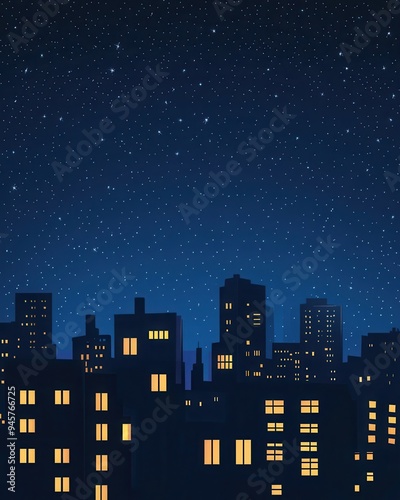 Night Cityscape with Starry Sky Illustration.