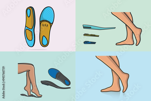 Set of Comfortable Orthotics Shoe Insole Pair, Arch Supports vector illustration. Fashion object icon concept. Collection of insoles for a comfortable and healthy walk vector design with shadow.