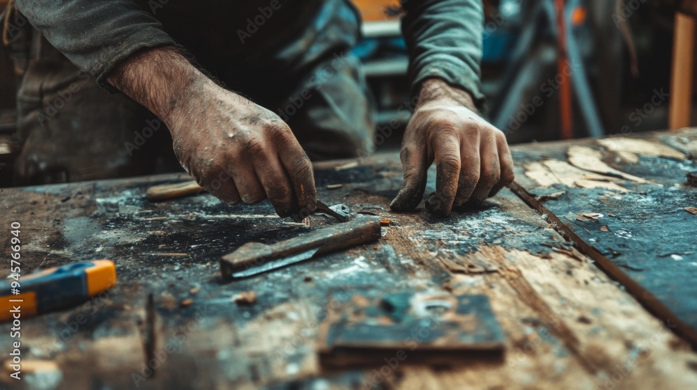 Close-up of a carpenter's hands working with a chisel on a workbench. Close-up of a carpenter's hands working with a chisel on a workbench.