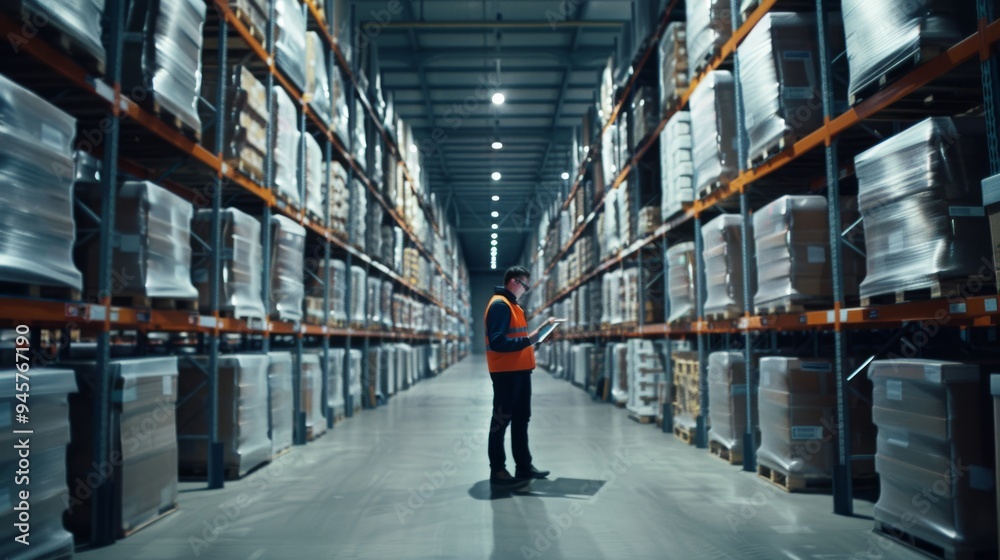 Obraz premium A warehouse worker in a high visibility vest uses a digital device to manage inventory while surrounded by tall shelves loaded with goods.