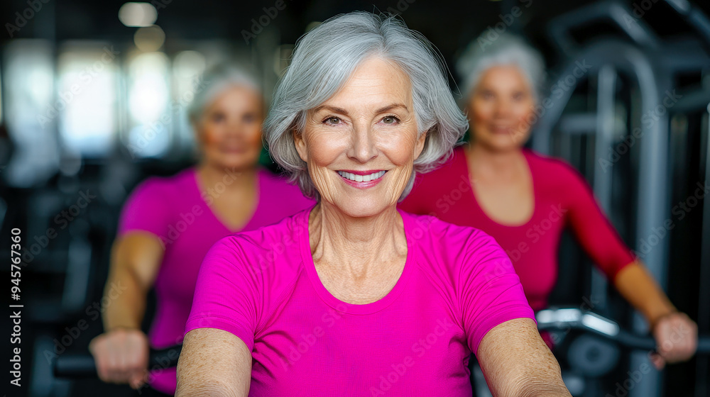 Obraz premium Empowered Aging A Joyful Seniors Proudly Demonstrates Her Strength During a Group Fitness Class Emphasizing the Importance of Staying Active and Healthy in Later Life
