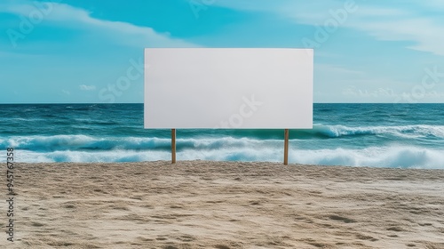 A blank billboard stands on a sandy beach, surrounded by ocean waves under a clear blue sky, perfect for advertising or messaging.