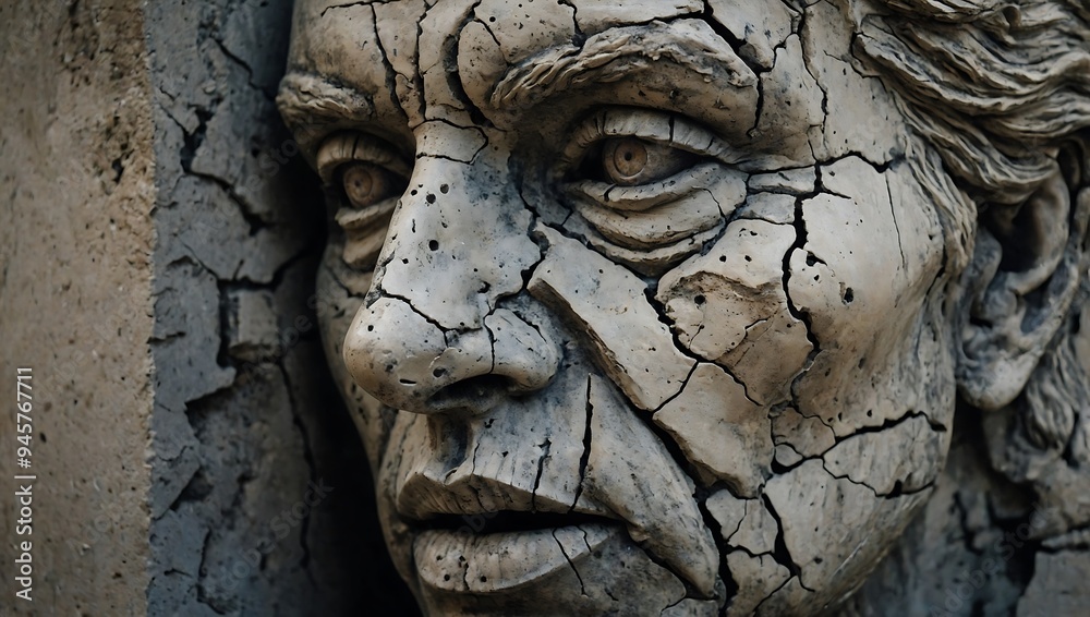 Cracked and weathered concrete face sculpture, depicting age and decay with artistic detail Cracked and weathered concrete face sculpture, depicting age and decay with artistic detail