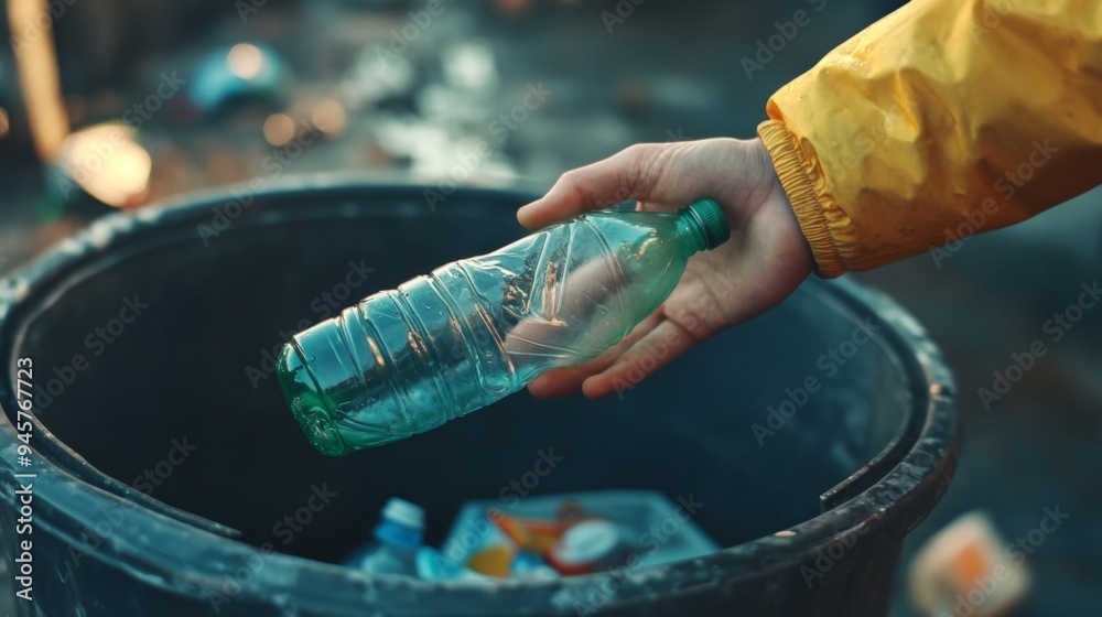 Obraz premium Close up of hand putting plastic bottle into trash can.
