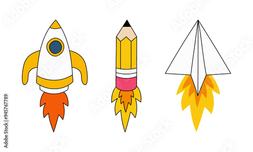Editable Stroke Vector illustration of rocket, pencil, paper plane and fireball in doodle and flat style.