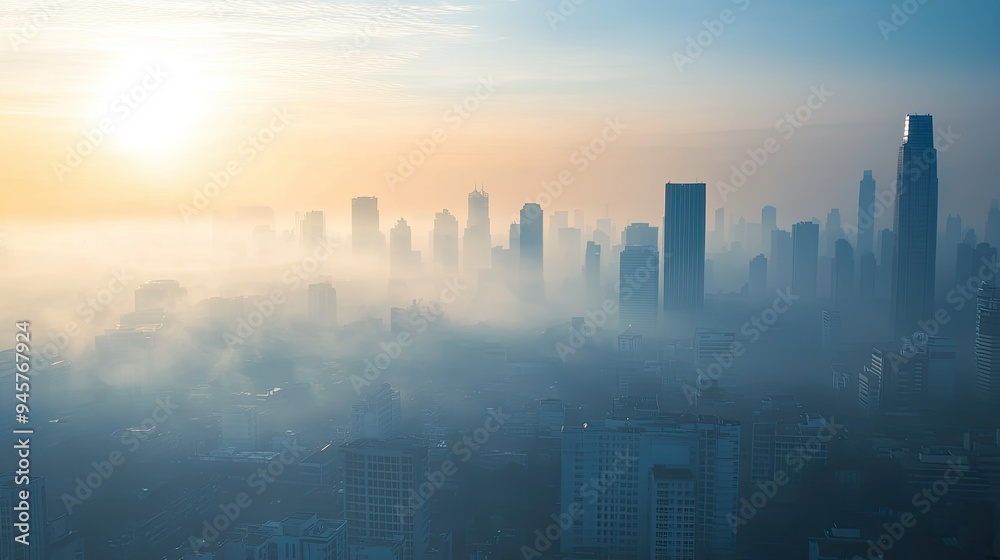 A city skyline engulfed in smog and haze, illustrating the consequences of global warming and air pollution. A city skyline engulfed in smog and haze, illustrating the consequences of global warming and air pollution.