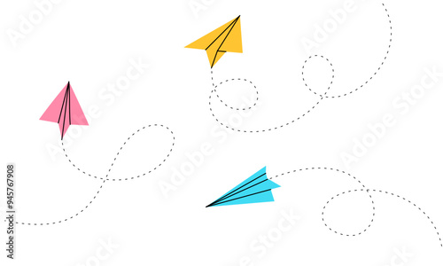 Paper Plane Flight Vector Illustration with Blue, Yellow, Pink Design, Dotted Direction, Editable Stroke Style