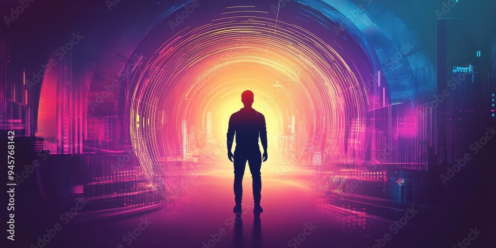 Silhouette of businessman standing in front of glowing futuristic door. Technology concept
Silhouette of businessman standing in front of glowing futuristic door. Technology concept