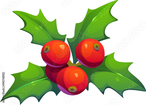 Cartoon Christmas holly berries and green leaves create a festive and cheerful holiday atmosphere. Vector seasonal decoration for invitations, and greeting cards, embodying the spirit of the season