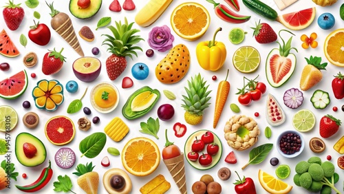 Colorful stickers of various fruits, vegetables, and desserts scattered across a white background, creating a playful and whimsical arrangement.