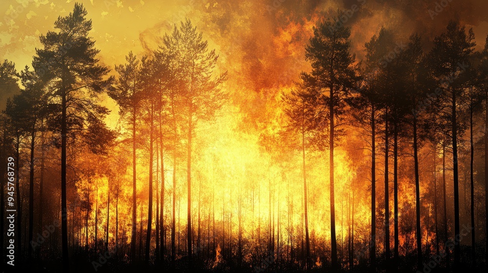 Fototapeta premium A forest fire consuming trees, representing the increase in wildfires due to global warming.