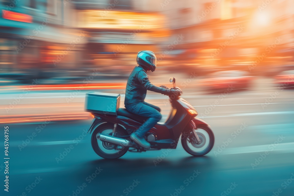 A delivery rider on a scooter navigating through a bustling city with motion blur illustrating speed and urban life. A delivery rider on a scooter navigating through a bustling city with motion blur illustrating speed and urban life.