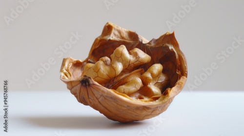 A close-up of a walnut cracked open, revealing its textured, brain-like kernel inside, against a simple, minimalist backdrop.