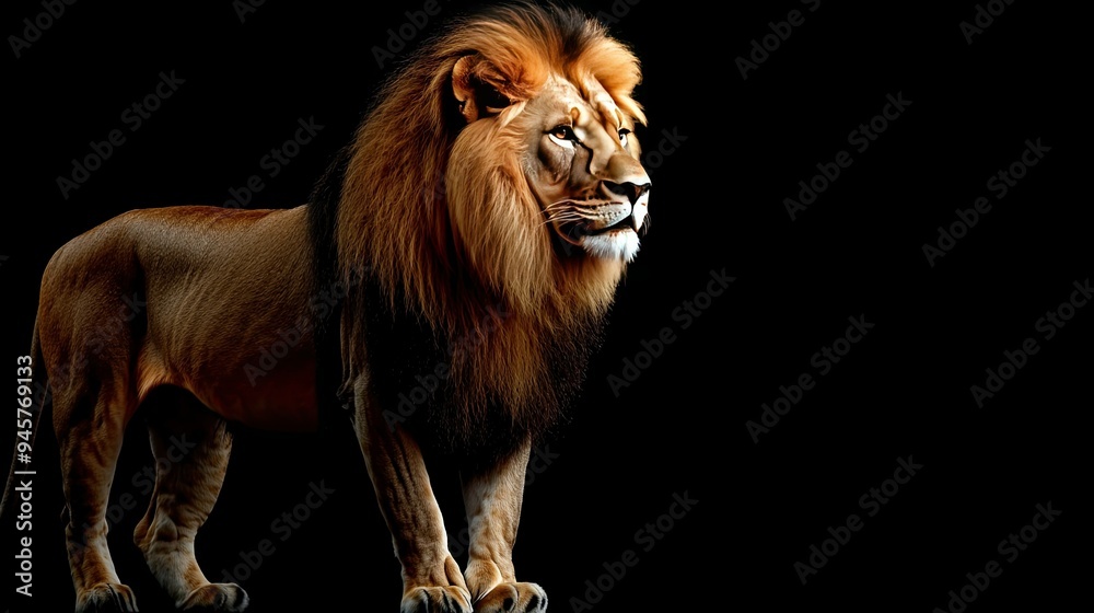 A lone majestic lion standing against a solid black background, highlighting its regal presence and power. A lone majestic lion standing against a solid black background, highlighting its regal presence and power.