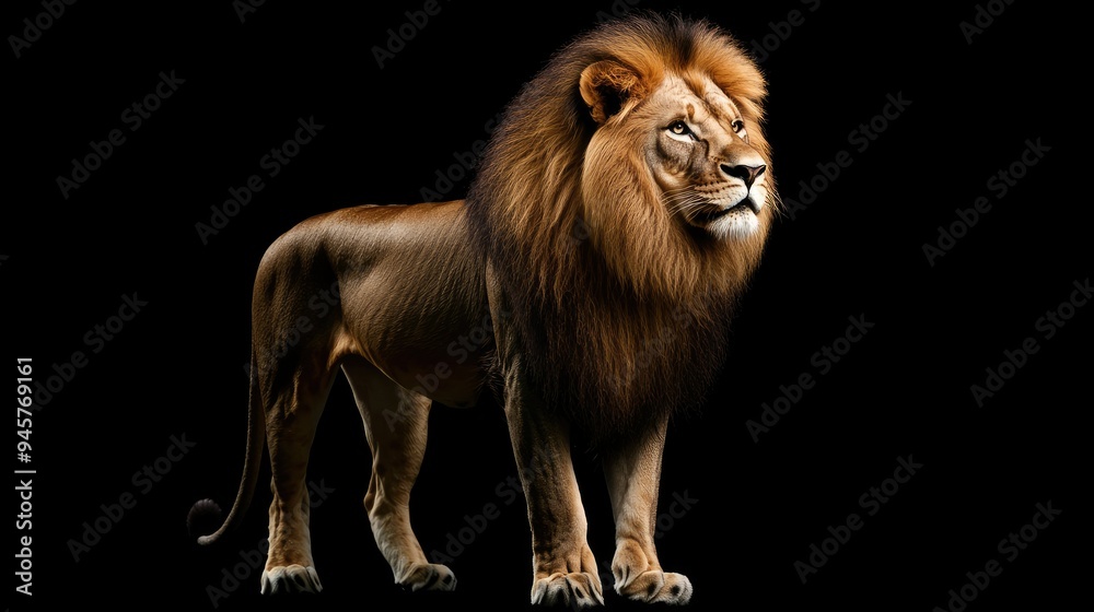 Fototapeta premium A lone majestic lion standing against a solid black background, highlighting its regal presence and power.