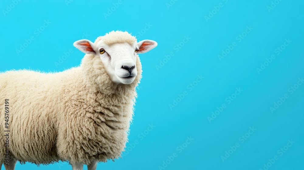Fototapeta premium A lone sheep with thick wool standing against a solid blue background, highlighting its fluffy and peaceful appearance.