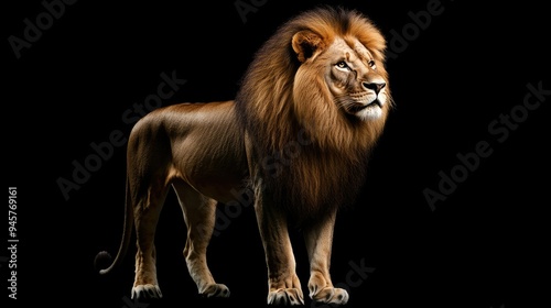 A lone majestic lion standing against a solid black background, highlighting its regal presence and power.