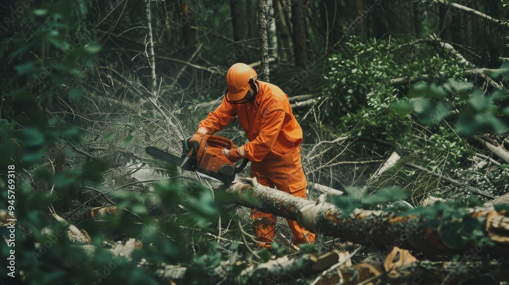 A lumberjack in an orange uniform and safety helmet operates a chainsaw to cut down trees in a dense forest, surrounded by freshly felled logs. A lumberjack in an orange uniform and safety helmet operates a chainsaw to cut down trees in a dense forest, surrounded by freshly felled logs.