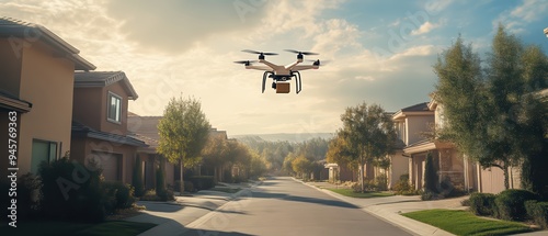 A drone delivers a package over a quiet suburban street, showcasing modern technology in daily life.