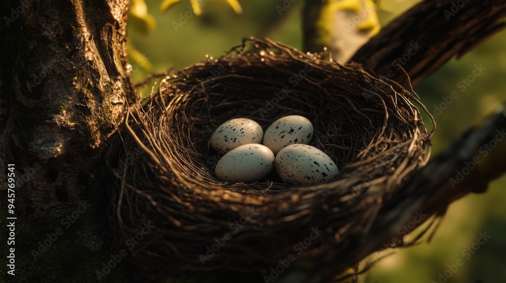 Four speckled bird eggs nestled in a woven nest, sunlight filtering through the branches. Four speckled bird eggs nestled in a woven nest, sunlight filtering through the branches.