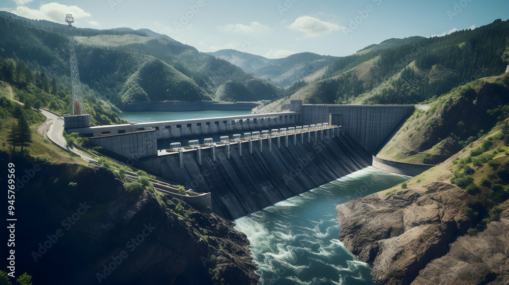Hydroelectric dam nestled in a scenic valley Hydroelectric dam nestled in a scenic valley