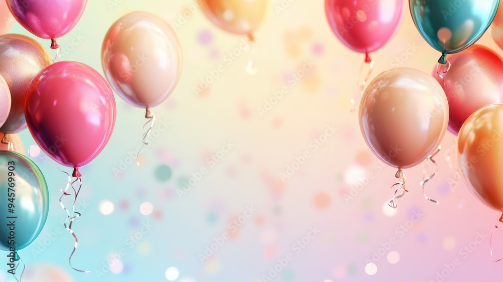Colorful Balloons with Confetti Floating on a Pastel Background - Birthday, Celebration, Party Decoration Colorful Balloons with Confetti Floating on a Pastel Background - Birthday, Celebration, Party Decoration