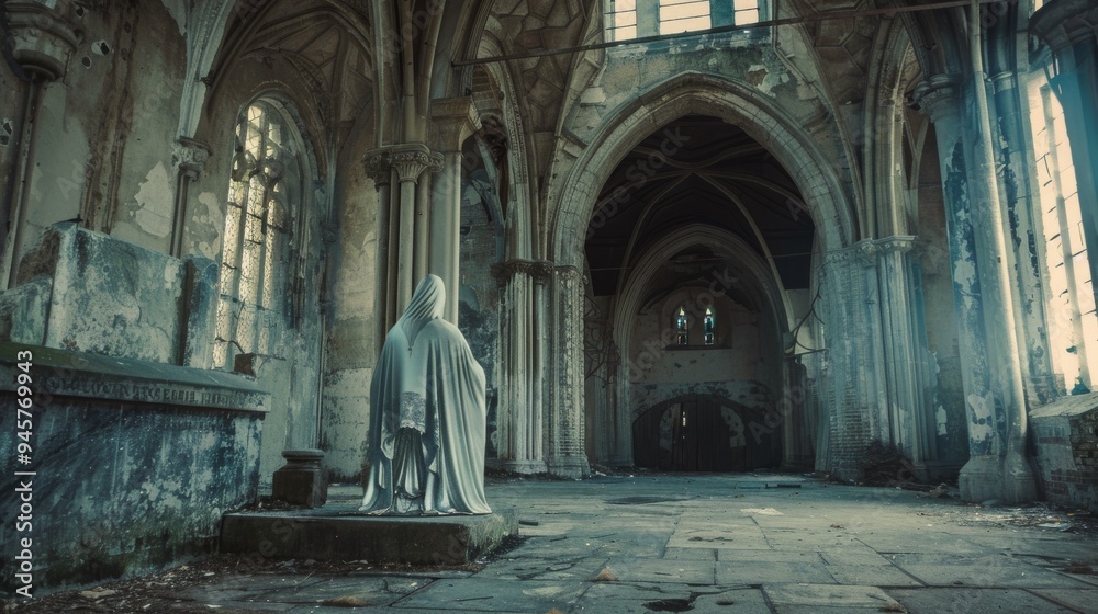 Obraz premium A hauntingly beautiful, abandoned cathedral bathed in soft, ethereal light with a solitary, cloaked statue standing solemnly in the foreground.