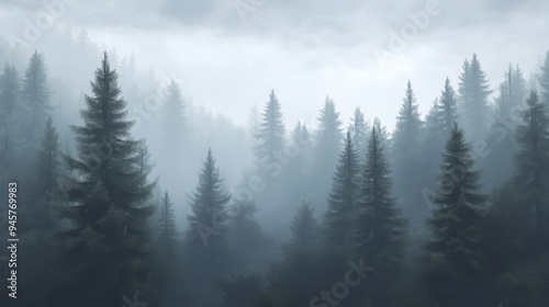 Mysterious fog envelops an old-fashioned fir forest inviting exploration and contemplation