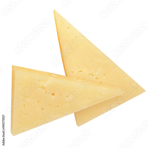 Levitating Cheese triangle pieces isolated on white background. Swiss cheese slices for package design