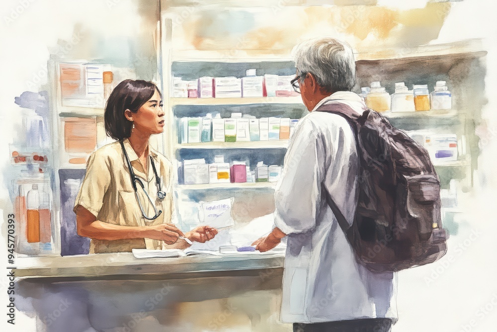 A healthcare professional assisting a patient at a pharmacy, discussing medication and treatment options in a welcoming environment. A healthcare professional assisting a patient at a pharmacy, discussing medication and treatment options in a welcoming environment.