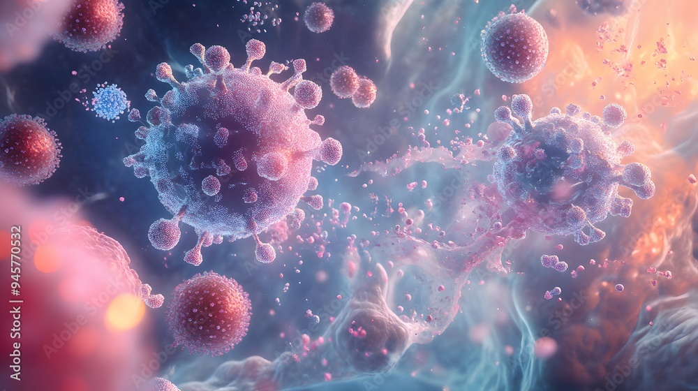 88. An intricate visualization of the human immune system with white blood cells and pathogens 88. An intricate visualization of the human immune system with white blood cells and pathogens