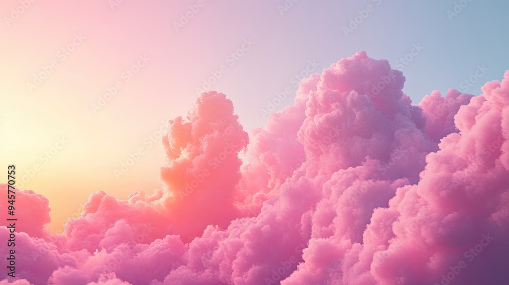 A sky filled with cotton candy-like pink clouds during sunset, creating a surreal and dreamy atmosphere.