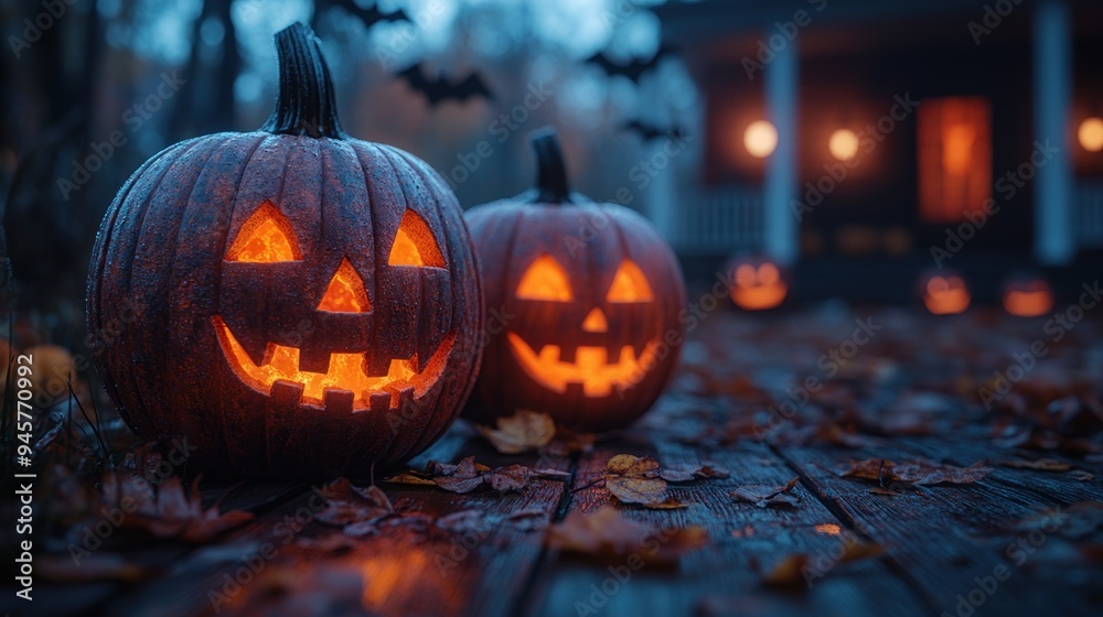 Jack-o'-Lanterns on a Porch on Halloween Jack-o'-Lanterns on a Porch on Halloween