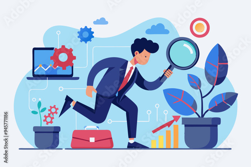 Analyze problem finding solution or opportunity, look for details to solve problem, discovery or search, root cause analysis or troubleshooting concept, businessman analyze mess with magnifying glass.